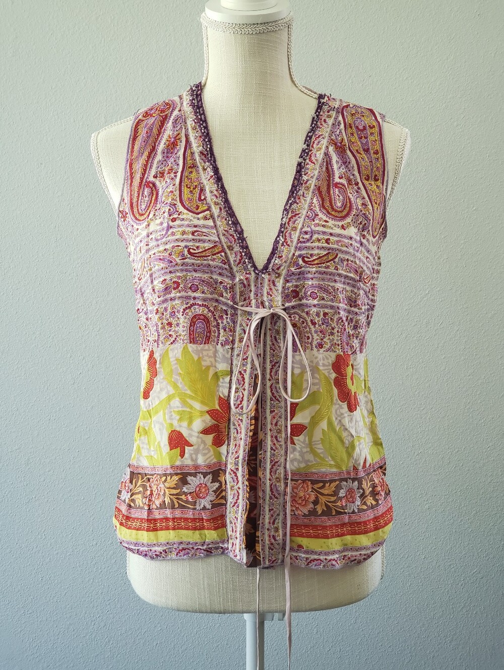 Hale Bob Sleeveless 100% Silk Floral Paisley Tie-Front Top  Small